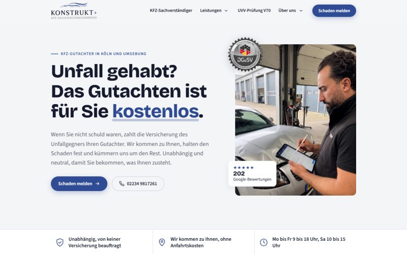 Startseite von konstruktplus.de mit der Überschrift „Unfall gehabt? Das Gutachten ist für Sie kostenlos.“