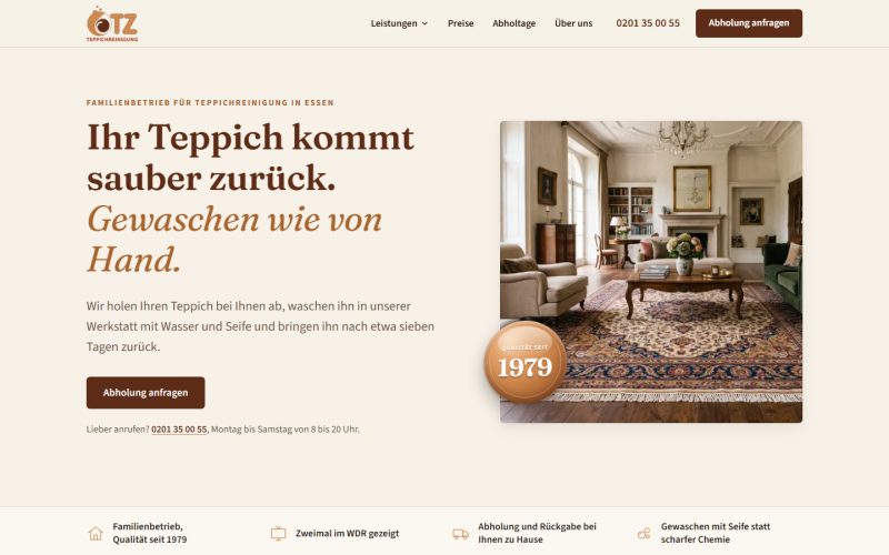 Startseite von teppichreinigung.net mit der Überschrift „Ihr Teppich kommt sauber zurück.“ und einem Orientteppich im Wohnzimmer