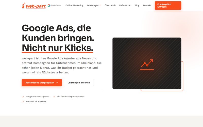Startseite von web-part.de mit der Überschrift „Google Ads, die Kunden bringen. Nicht nur Klicks.“