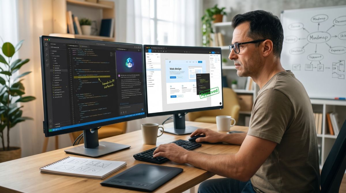 Webdesigner mit Brille am hellen Schreibtisch, links Programmcode mit KI-Assistent, rechts der fertige Entwurf einer Webseite mit dem Vermerk Approved, im Hintergrund eine Mindmap am Whiteboard